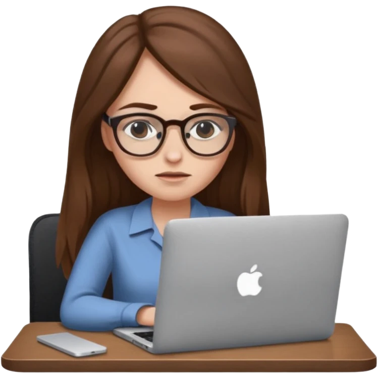 create a woman long hair brown, sitting with her macbook looking tired emoji