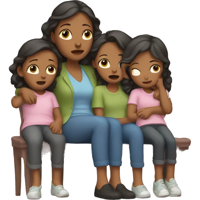 tired mother with three daughters emoji