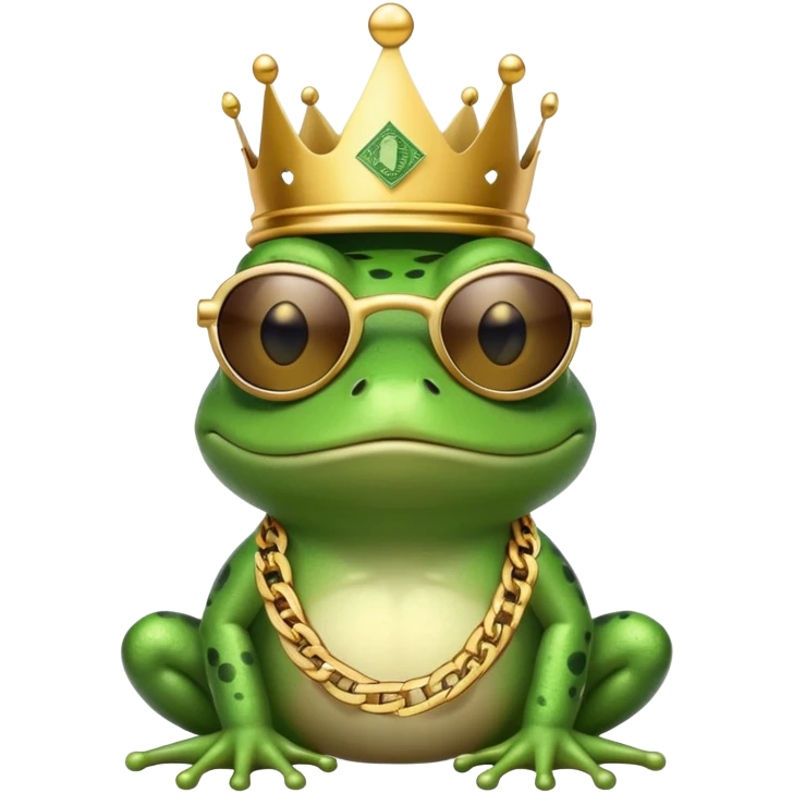 gangster frog wearing a gold crown, cool sunglasses, gold chain, dollar sign chain emoji
