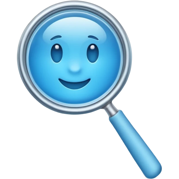 A 3D emoji-style magnifying glass, smooth rounded shapes, soft gradient blue ring, glossy plastic material, subtle highlights and reflections, simple minimal design, pastel blue color, slightly thick proportions, soft lighting, clean white background, modern emoji aesthetic, centered composition emoji
