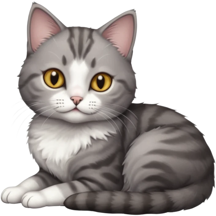 full body tiny short hair dark grey and white cat with hazel eyes lying down emoji