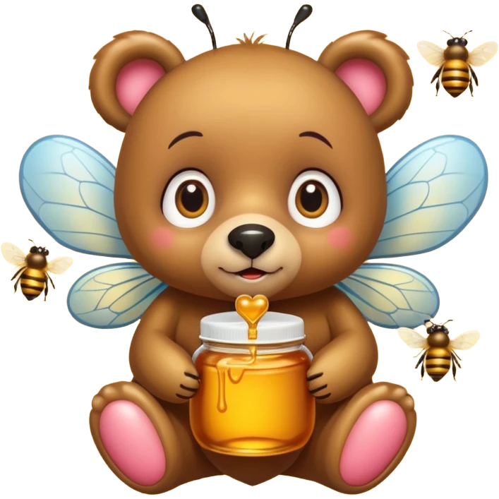 a cute bear with honey and bee and hearts, with big eyes emoji