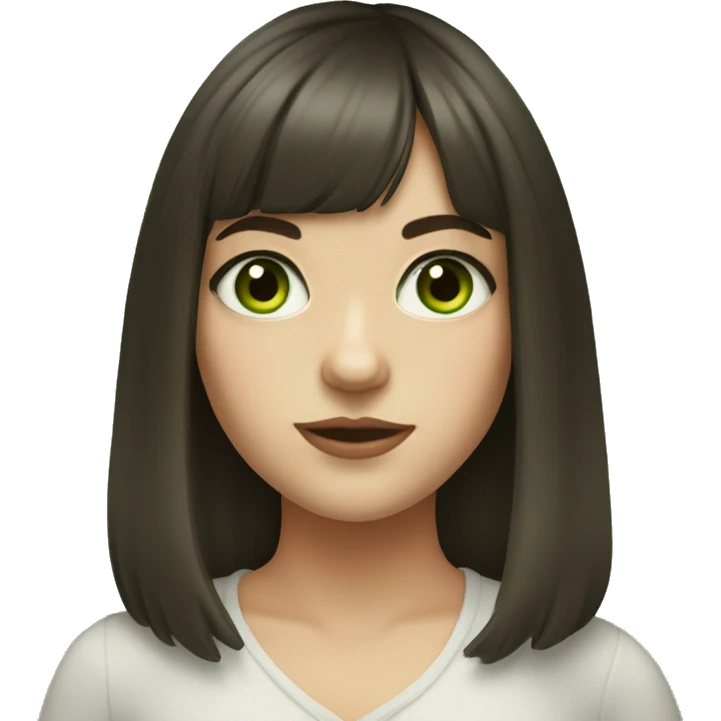realistic portrait of girl with curtain bangs and dark brown hair with green eyes and fair skin and a round face with soft features emoji