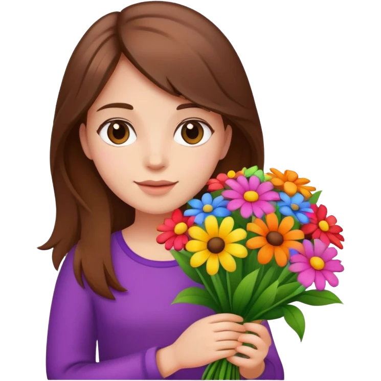 brown-haired girl holding a colorful bouquet of flowers emoji