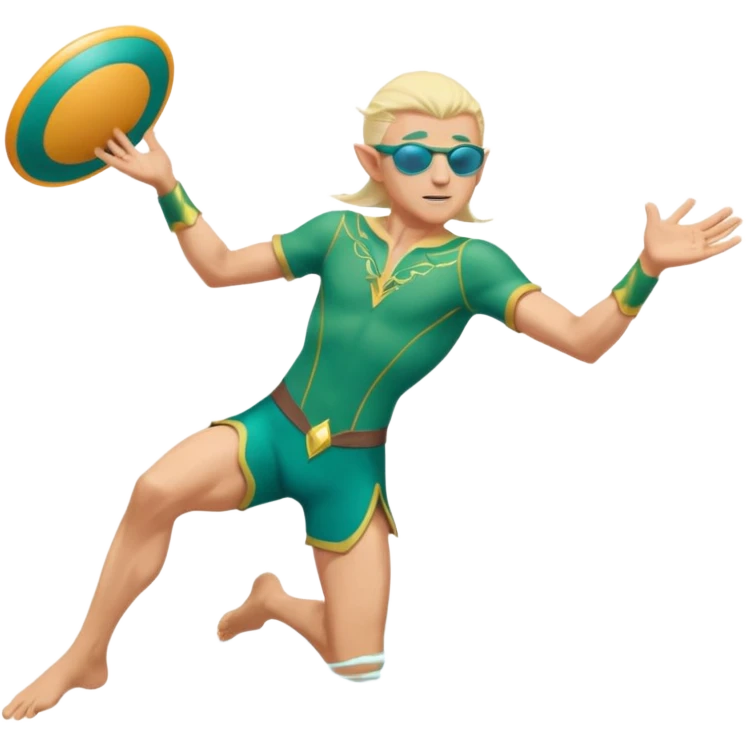 elf male legolas launching a frisbee woven from pure sunlight, wearing sporty teal swim shorts and performance sunglasses, pointy ears, dynamic motion lines, beach sky backdrop, centered emoji emoji