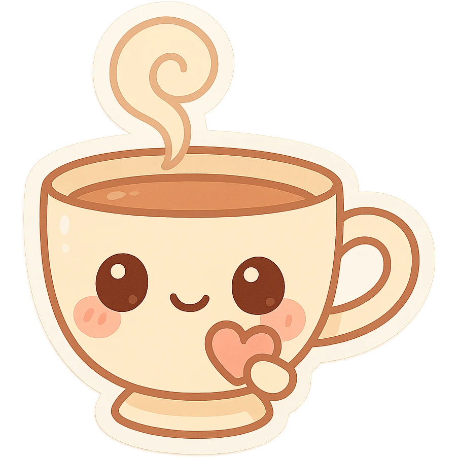 chibi teacup, pastel palette, big eyes, blushing cheeks, cute steam swirl, holding a tiny heart emoji