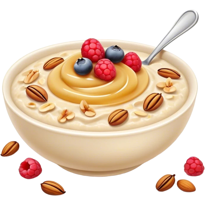 Cinematic creamy oatmeal, smooth texture with a swirl of honey on top, garnished with fresh berries and nuts, warm and comforting, cozy golden tones, rich and delicious. emoji