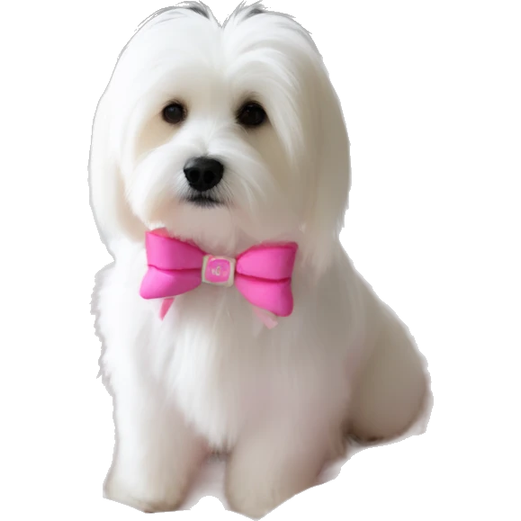Long haired Coton de Tulear dog with pink harness and pink hair bow, pink dog bed, Zoey written on her bed emoji