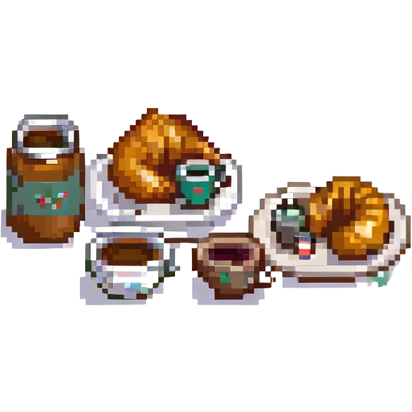 coffee and croissant, pixel art style emoji