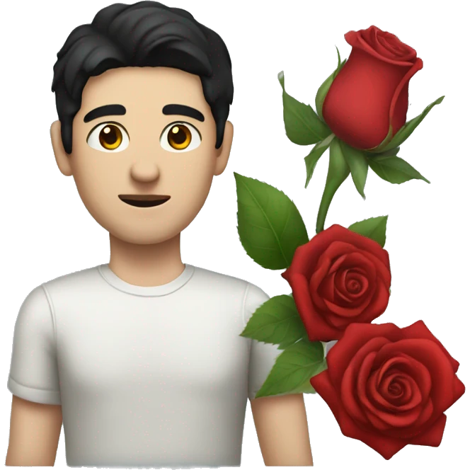 A man with pale skin and black hair holding a red rose emoji