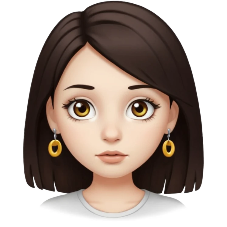 Chica con pelo medio largo y castaño oscuro, piel blanca, ojos hazel y pestañas largas, un piercing septum redondo pequeño  emoji