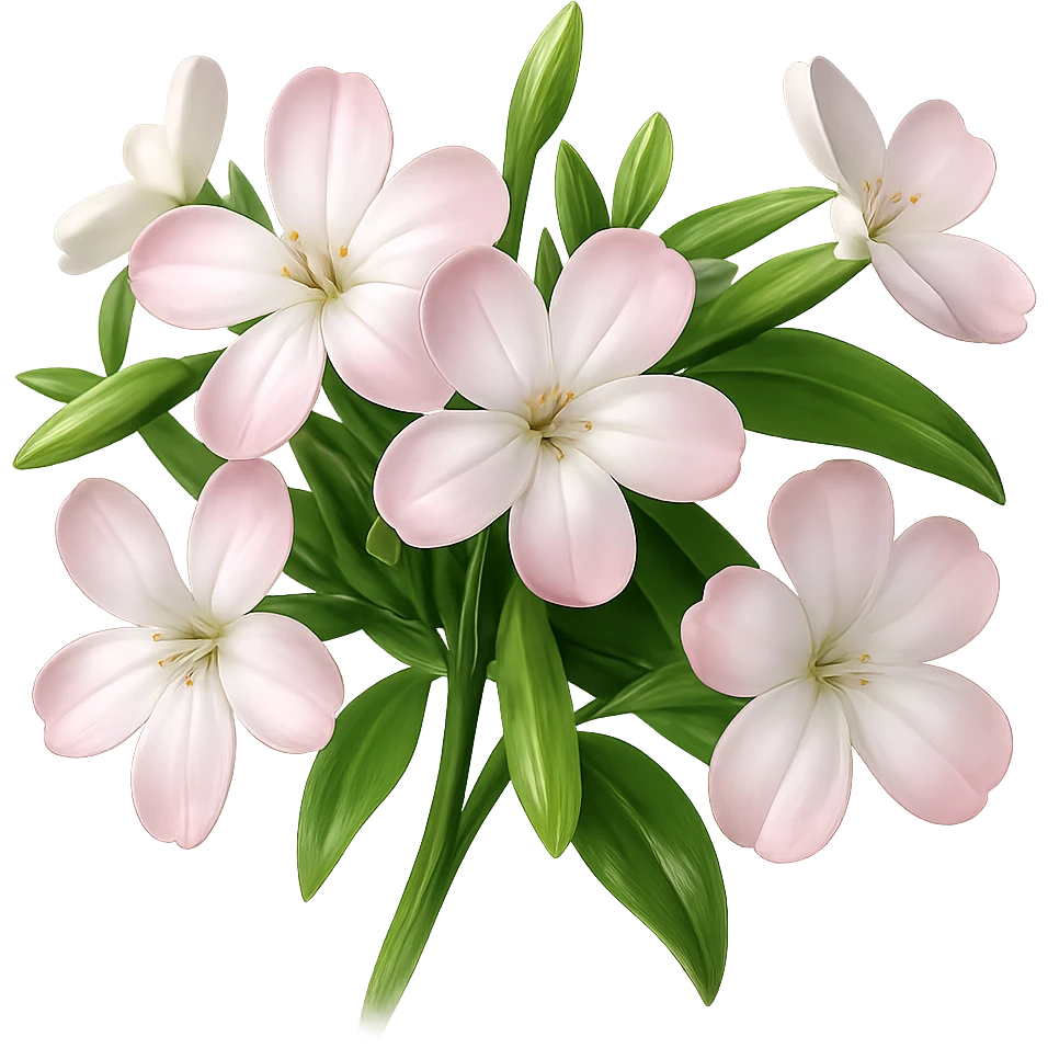 Create 3D iOS-style realistic soapwort (Saponaria) flowers with delicate pale pink petals, green stems and leaves, soft lighting, and a glossy effect. The image should have no background and reflect the GPT Image style for editing. emoji