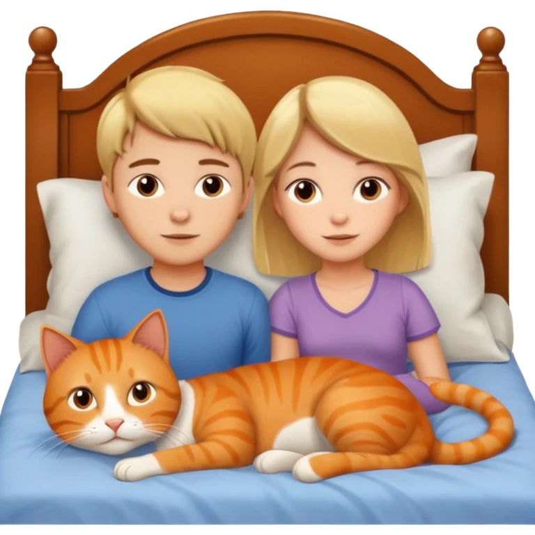 Boy with blonde girl with brown hair in a bed with an orange cat emoji