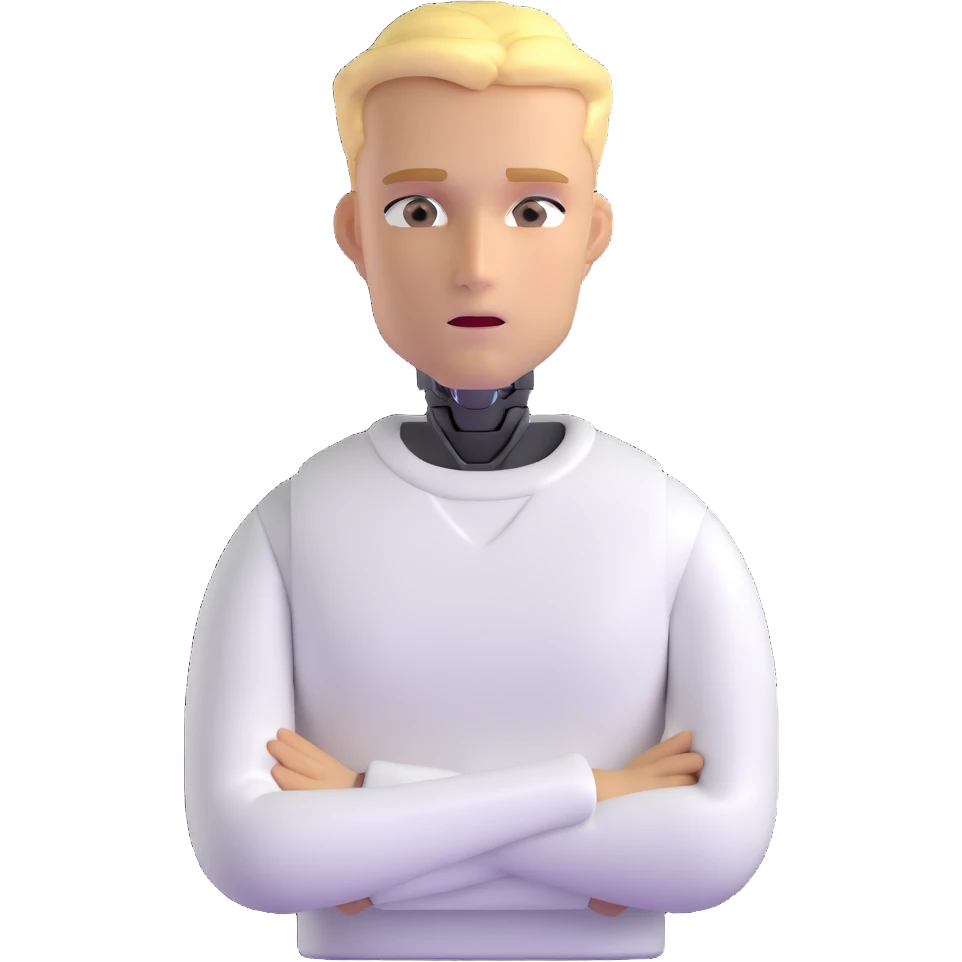 Minimalist male robot with blond hair, sharp jawline, intense eyes, white sweater, AI assistant emoji