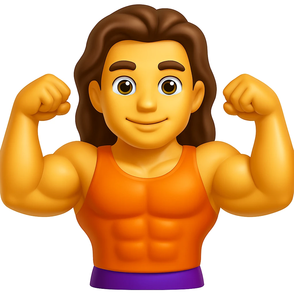 Create an emoji that looks exactly like the reference image in iOS emoji style. The emoji should have 3D appearance, shiny surface, smooth gradients, soft shadows, a muscular body, an expressive face, and hair. Maintain the iOS emoji style characteristics. emoji