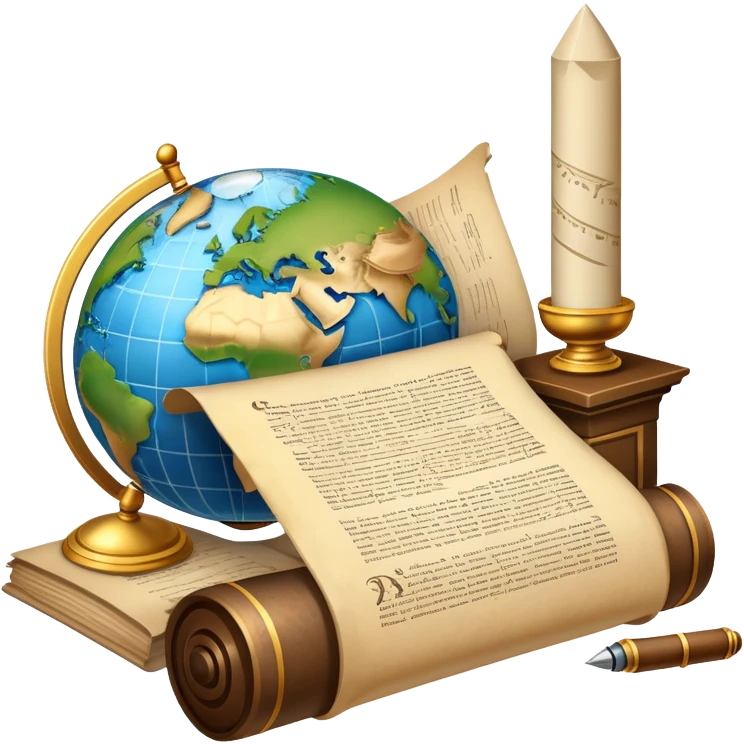 An icon featuring an ancient scroll, a quill pen, and a globe, symbolizing the study of history. The design includes a timeline with significant historical events, with ruins in the background to evoke past civilizations. Transparent background emphasizes the exploration of human history emoji