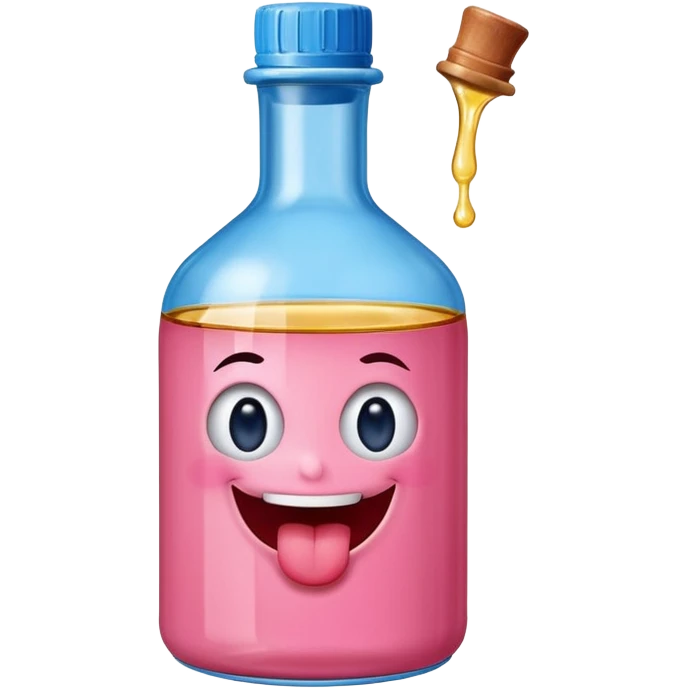 Smiling bottle of oil pink with silly face tongue out blue top emoji