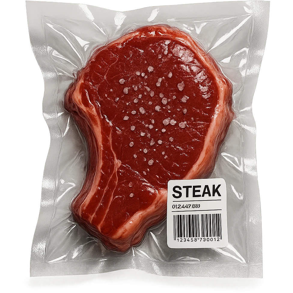 steak with small crystals on top, glossy and puffy, vacuum-sealed style emoji