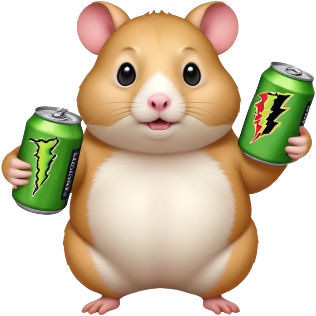 Funny cartoon-style fat hamster wide eyed holding a can of monster energy in one hand and redbull in the other hand emoji