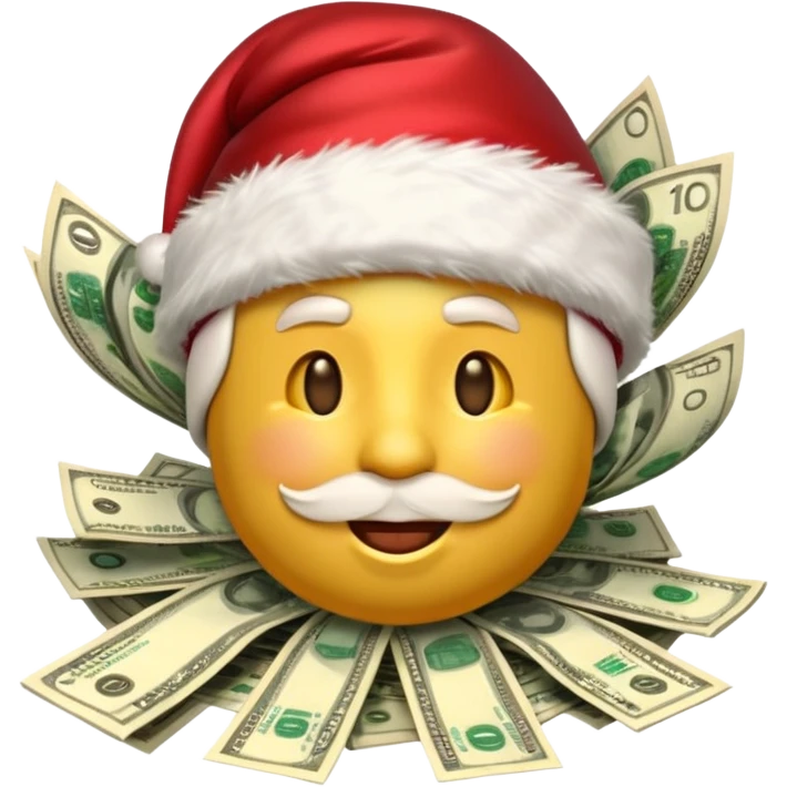 A rich happy emoji face in Santa hat, covered in money, cash stacks and flying dollar bills, Christmas mood, New Year festive style, glossy 3D emoji, vibrant colors, high detail, no text, isolated, transparent background emoji