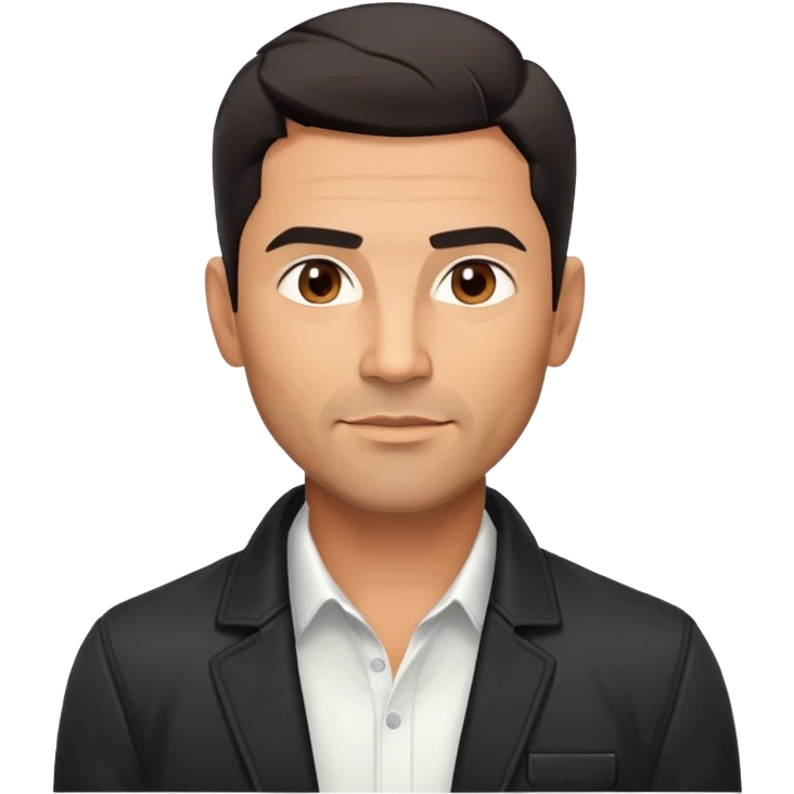 Handsome athletic Hispanic man in his late 40s with tan complexion, short black hair with defined fade haircut, light stubble/scruff on face, square masculine face with defined jawline, neutral-friendly TV presenter expression, open black jacket with white shirt emoji