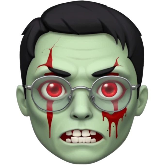 homem zumbi de óculos cabelo preto com muita olheira deixar pele dele verde dentes brancos e olhos vermelhos e ensanguentados deixar óculos quadrado e preto e olhos cheio de veias vermelhas piercing em todo rosto piercing prata colocar risco nas duas sobrancelhas e colocar lábios em sua boca emoji