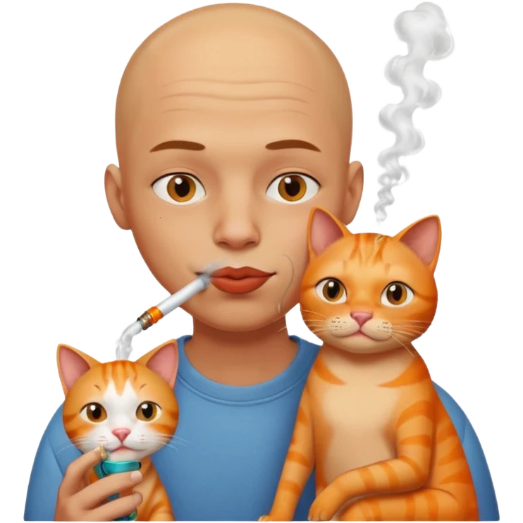 Bald headed boy with extremely big lips smoking from a glass pipe while cuddling and orange cat  emoji