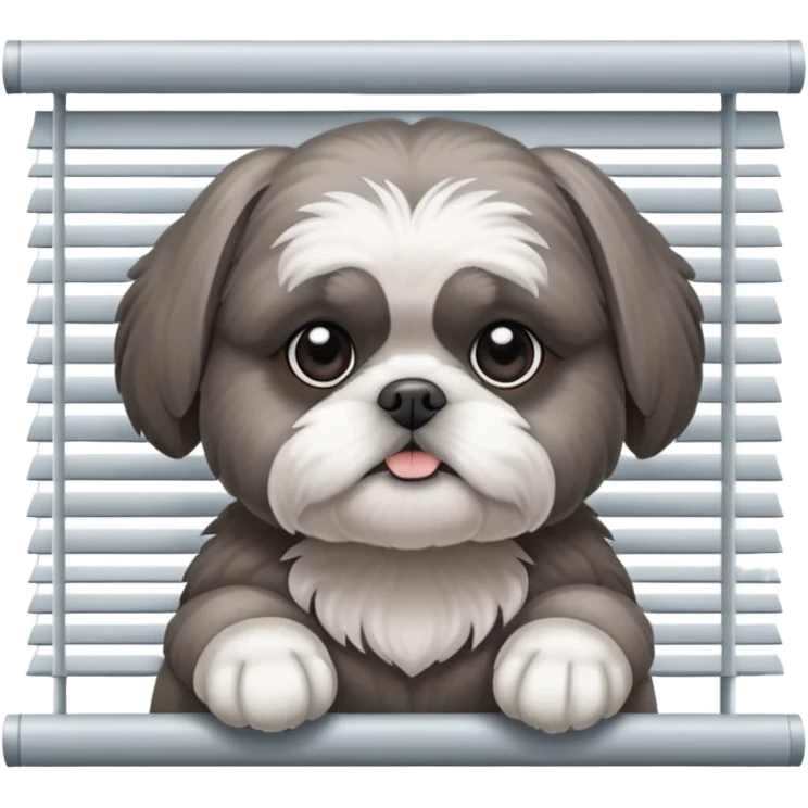 cute all grey shih tzu peeking through window blinds with one paw holding down the shade behind the shade emoji