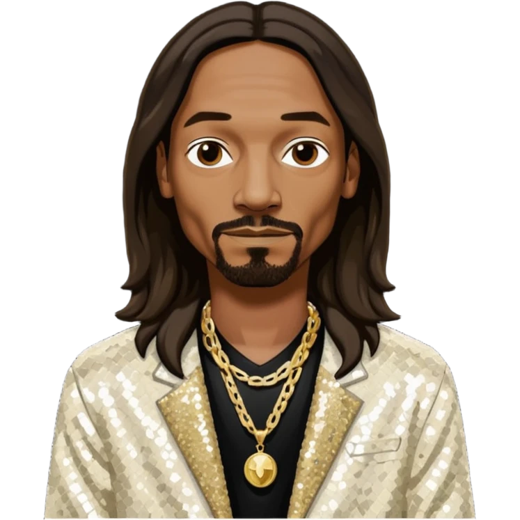 Snoop Dogg with long dark brown hair, ivory sequin jacket, black shirt with necklace emoji