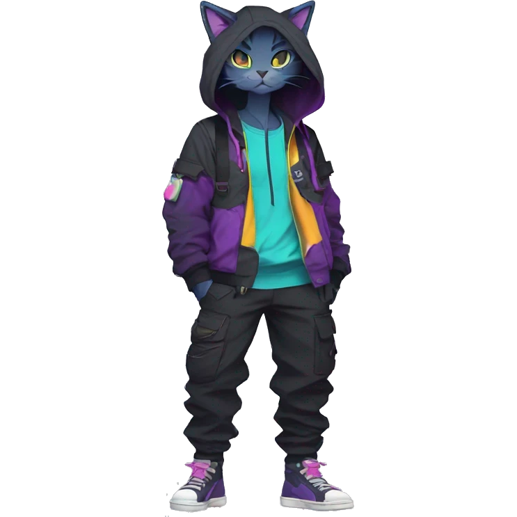 Edgy Anthro cool cute colorful urban beautiful pretty anime dark cat-Pokémon-fursona techwear cargo pants hoodie emoji