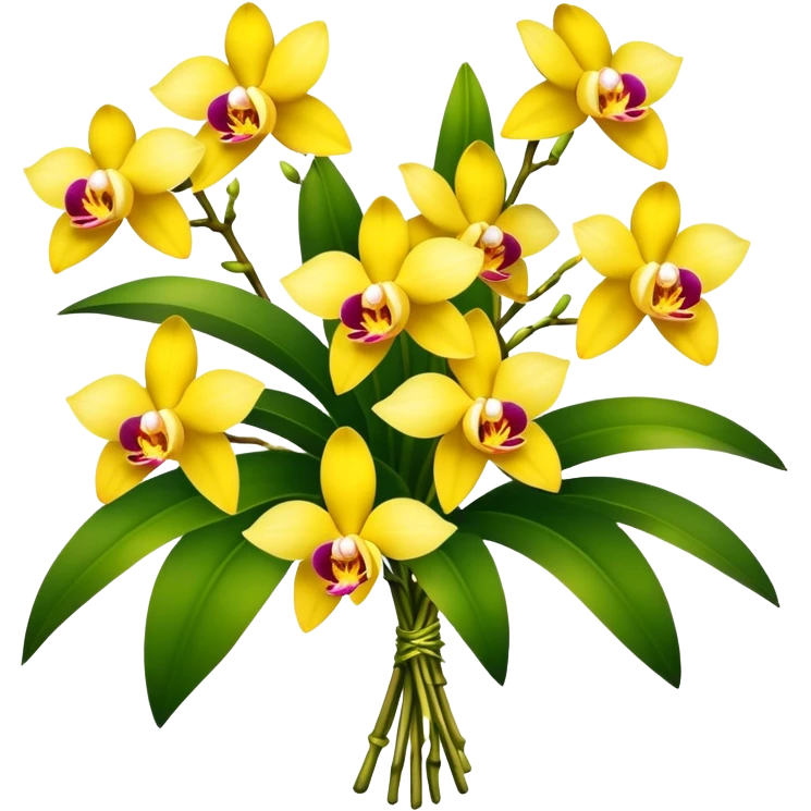 big bouquet yellow Dendrobium Orchid, stem, leaf emoji
