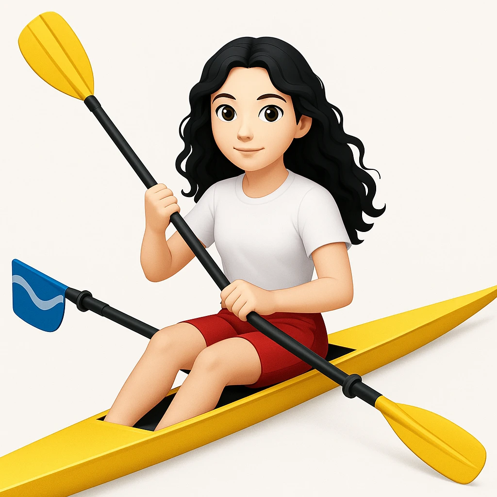Altındaki tekneyi olimpik kürek sporu için uygun, uzun ve ince yarış teknesi olarak değiştir. Kız siyah uzun dalgalı saçlı, beyaz tenli, kırmızı şort ve beyaz kısa kollu tişörtle olimpik kürek sporu yapıyor emoji