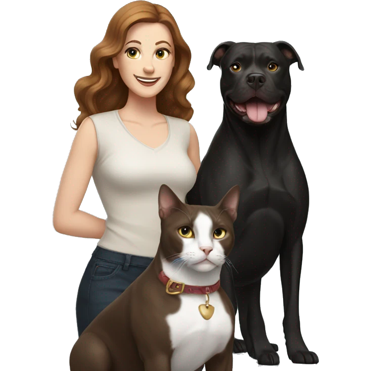 white woman with long brown hair and cat shaped eyes standing alongside a happy black pitbull  emoji
