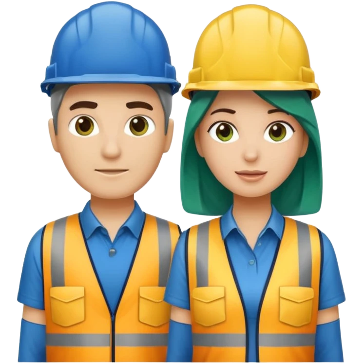 Um homem e uma mulher amarelos com capacete de obras ambos azul escuro e camisa social cinza com faixas refletivas verdes nos braços. Um deles deve estar segurando um megafone emoji