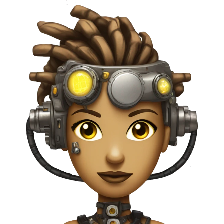 Brown with yellow streaks Mohawk hair female cyborg head, tan skin, steampunk goggles and circuits emoji