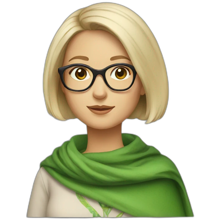 white-woman-with-gray-and-blonde-short-bob-green-eyes-and-brown-glasses-wearing-colorful-shawl emoji
