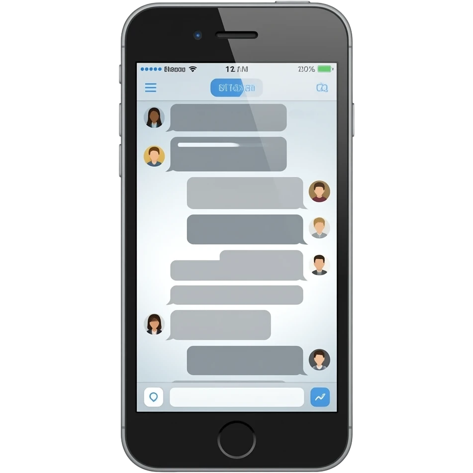 modern iphone device with messaging app open with profile pictures and medium grey and light grey bubbles emoji