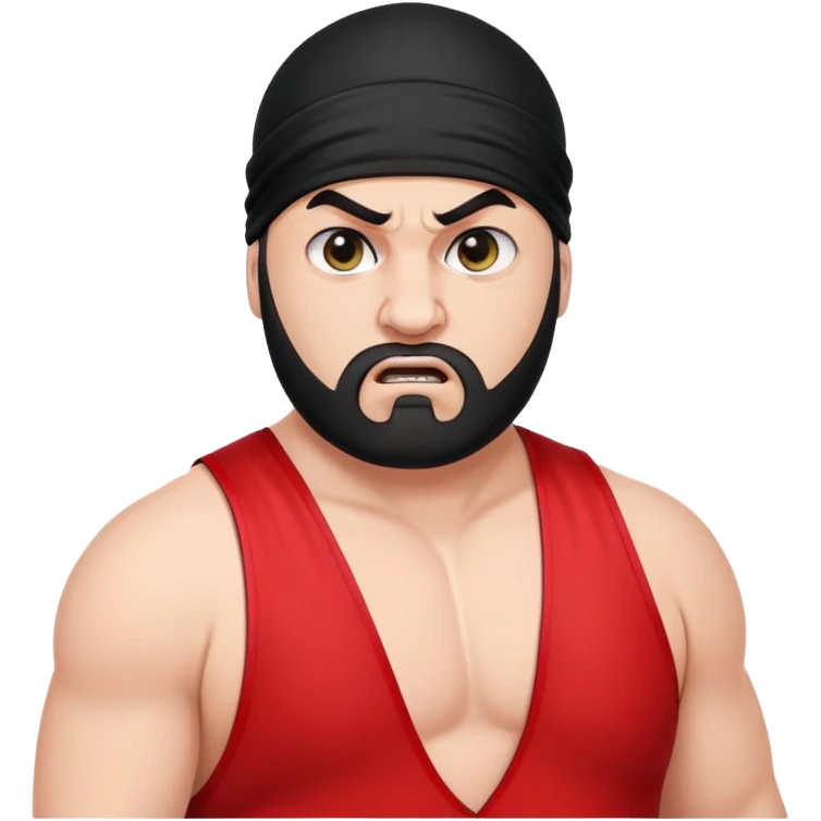 White skin fat guy with prominent black durag, shaved beard stubble, black eyes in a red and black wrestling singlet with angry face emoji