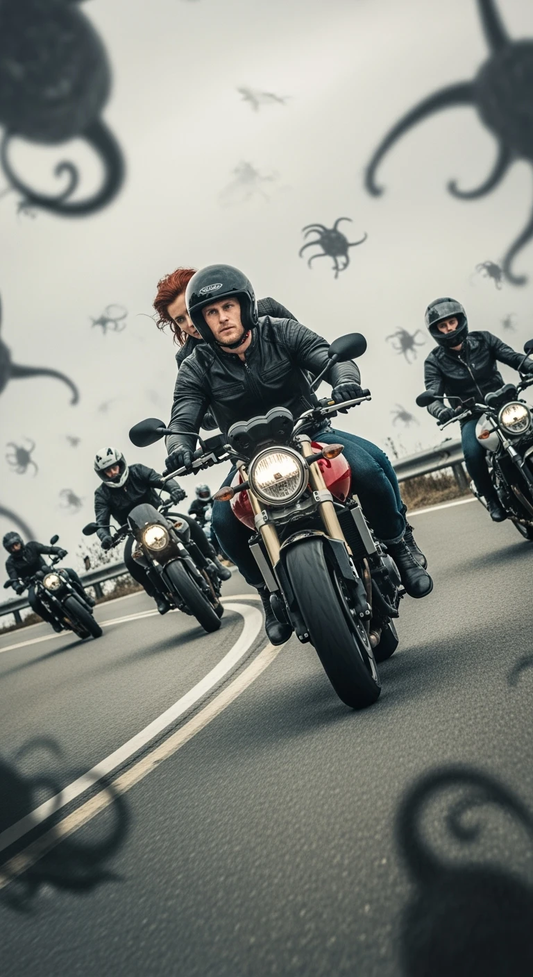 Gruppo di motociclisti su strada, volti impassibili o con espressioni rischiose e prive di paura, mentre affrontano curve pericolose. Atmosfera surreale, con ombre o simboli astratti che rappresentano la toxoplasmosi (come parassiti invisibili nel cervello). emoji