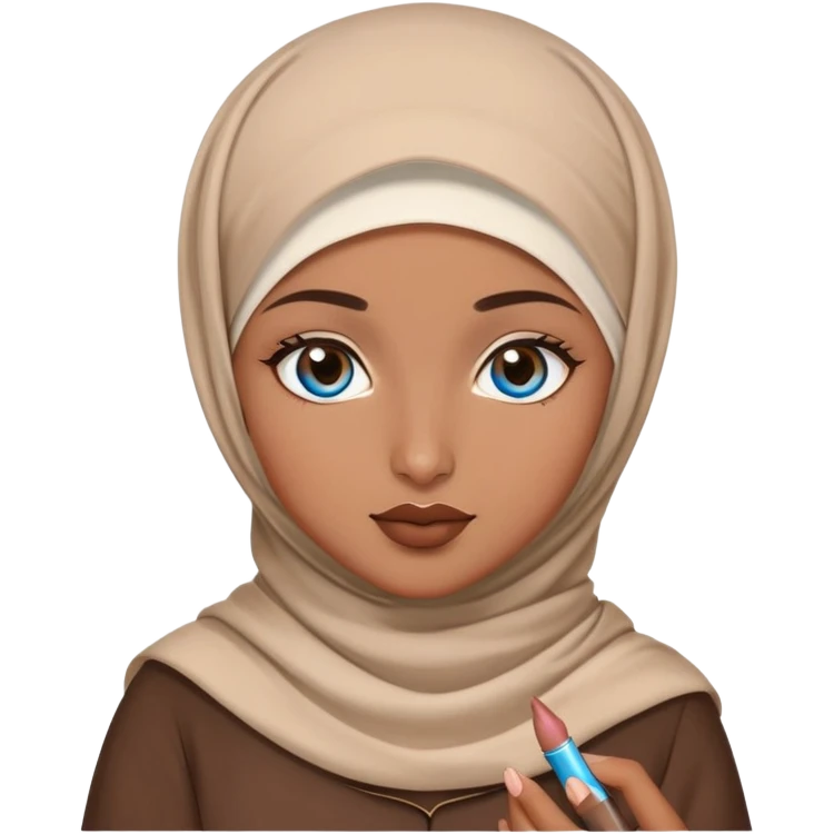 Turkish beautiful finish Konya girl blue eyes with brown beige hijab islamic dress and had on her hand brown lipgloss emoji