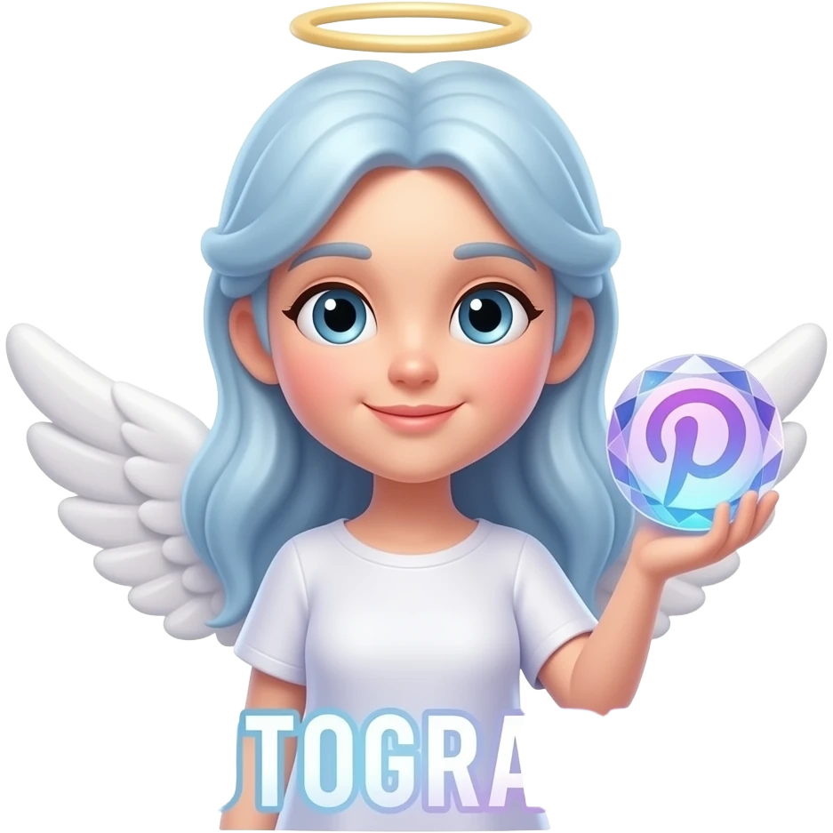 An ethereal angel, hand made of starlight holding a crystalline Pinterest logo on right hand, looking at viewer. A glowing, bokeh text: 'PHOTOGRAPHY?' on the bellow left hand. Glowing nebula colors, isolated on white, bold 3D icon emoji