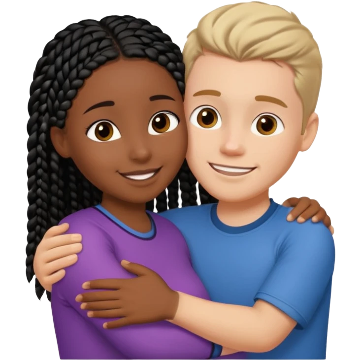 Dark black girl with black braids and tan white boy with curvy straight brown hair, they are hugging and smiling, and touching each other with their hands emoji