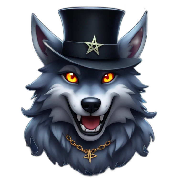 demonic wolf with a pentagram top hat and a pentagram chain with a haunting night background emoji