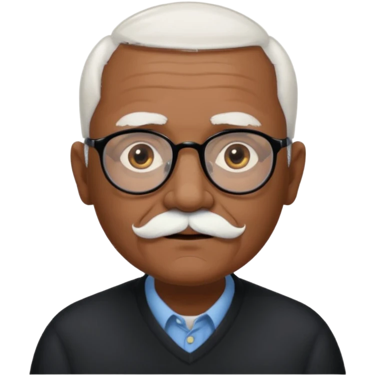 an elderly man with medium-dark skin tone, bald on top with short white hair at the sides, thick white eyebrows, large brown eyes, and wears black-framed glasses.
A small white mustache sits above his mouth emoji