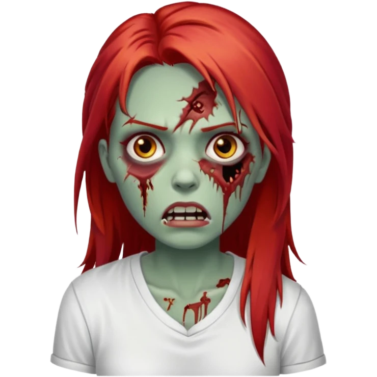 I want to draw a zombie woman, with a scar on her mouth and some bruises on her face, long, straight red hair, and black eyes. She'll be wearing a white shirt. emoji