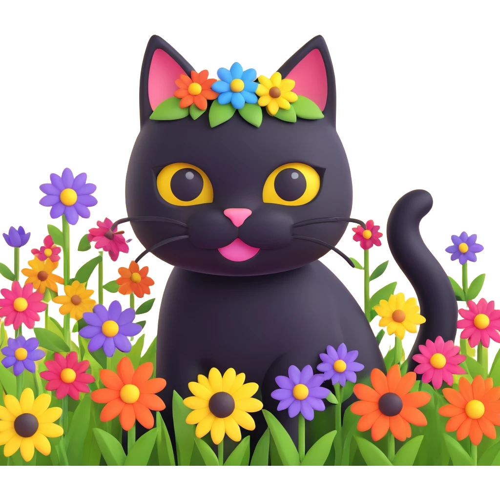 A black cat with a flower on its head in a field of flowers emoji