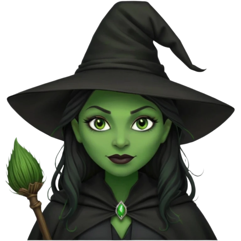 elphaba wicked witch with broom close up, evil dark coily long dark hair, green skin, thick green lips, cheekbones, smirk evil menacing cythia erivo dark aesthetic black hat cloak dark broom emoji