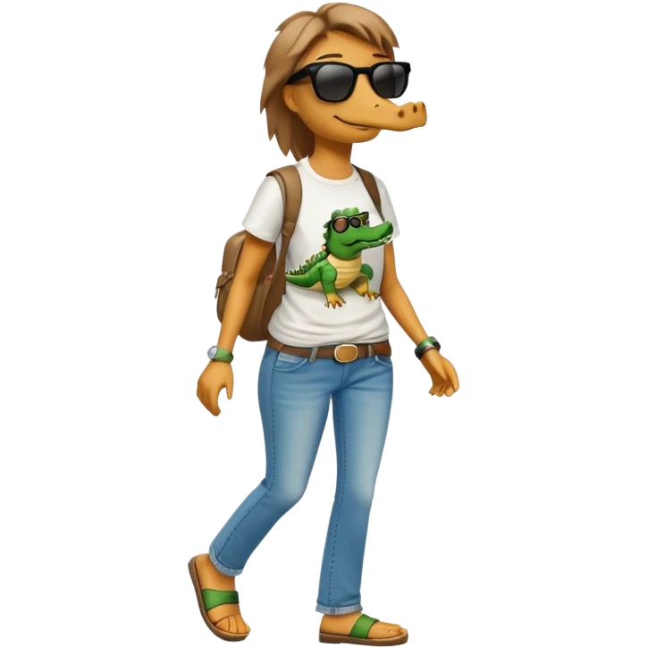 anthropomorphised female crocodile in a band t-shirt and jeans wearing sunglasses walking upright emoji