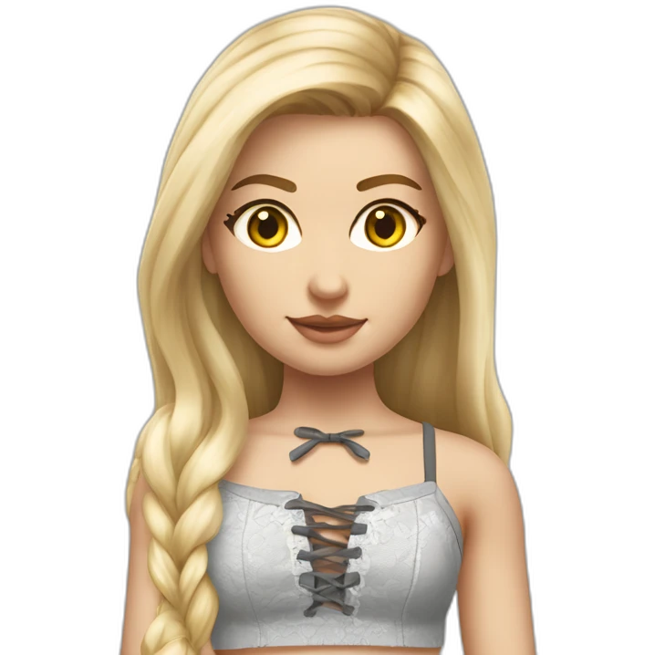 hyperrealistic caucasian female, long straight blonde hair, white lace up crop top, grey mini skirt, body view emoji
