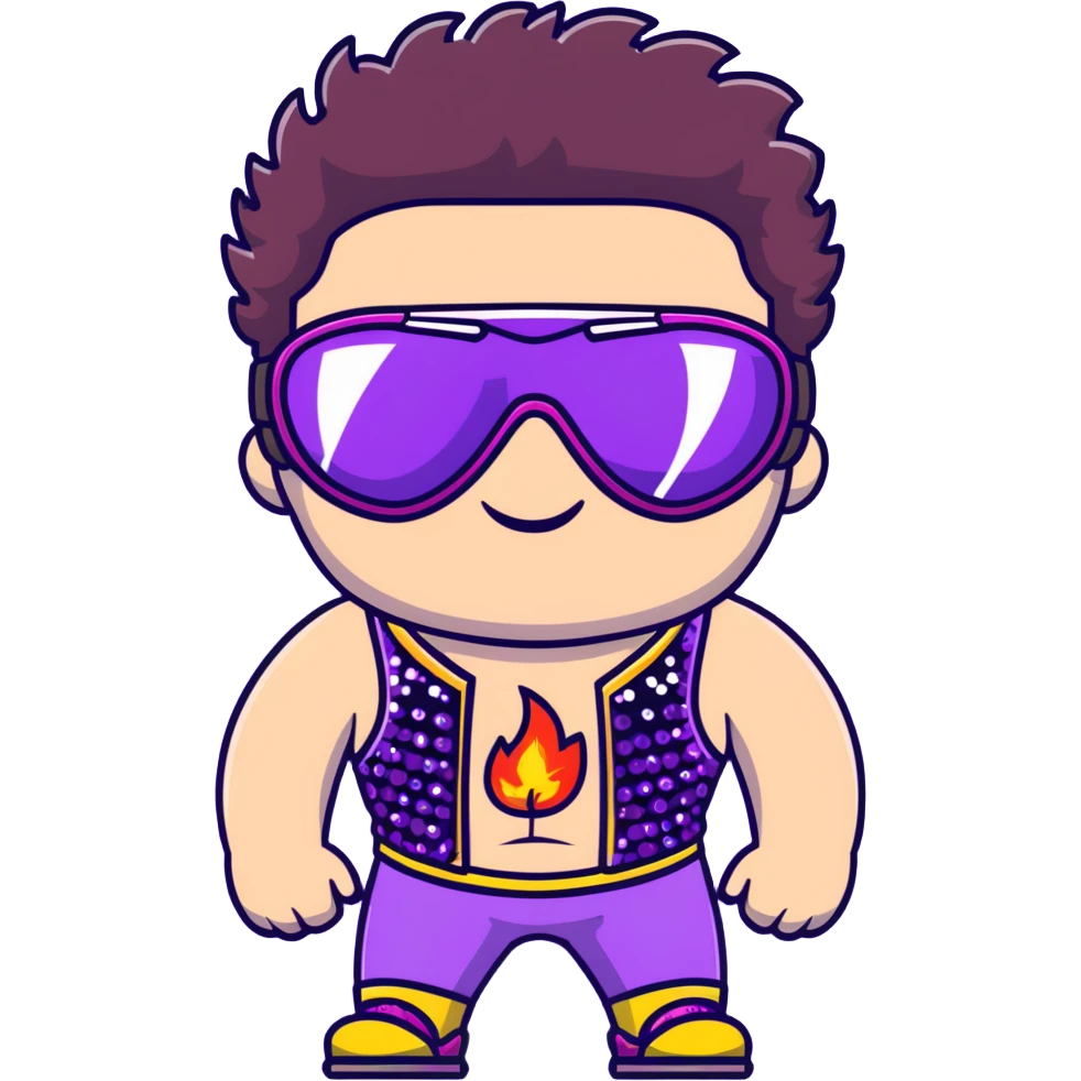 close-up of cool guy male athlete with white skin and moderately curly dark brown hair on top with shaved sides, with one purple ski goggle lens pushed up above his eyes on his forehead, sticking his tongue out of his mouth, wearing only a plain black chain necklace around his neck, and a completely unzipped sleeveless vest with purple and black sequin fire pattern design with no logo, clearly showing he is shirtless underneath with exposed chest and abs emoji